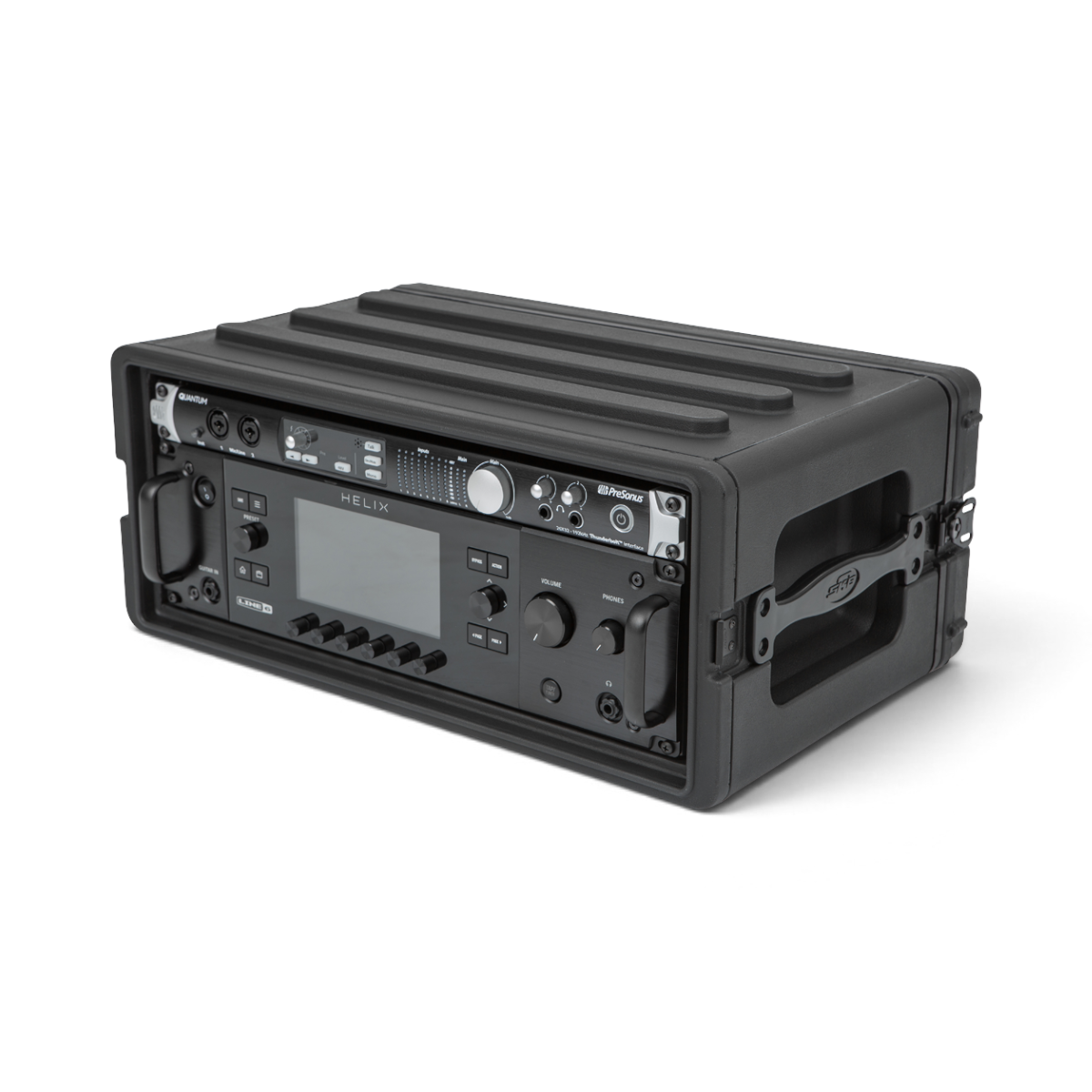 Angled view of 4U Shallow Rack Case - Durable Equipment Storage featuring Line 6 Helix and PreSonus Quantum for portable audio setups.