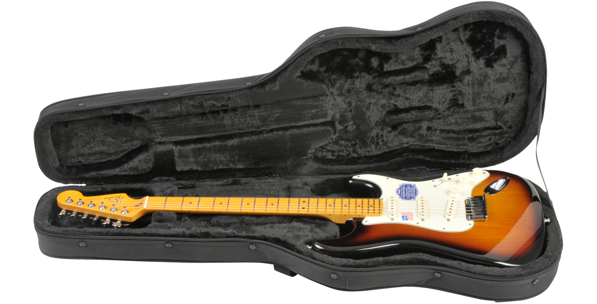 Electric Guitar Soft Case Universal Fit with plush interior cradling a sunburst Strat-style guitar, offering lightweight protection and portability.