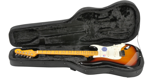 Electric Guitar Soft Case Universal Fit with plush interior cradling a sunburst Strat-style guitar, offering lightweight protection and portability.
