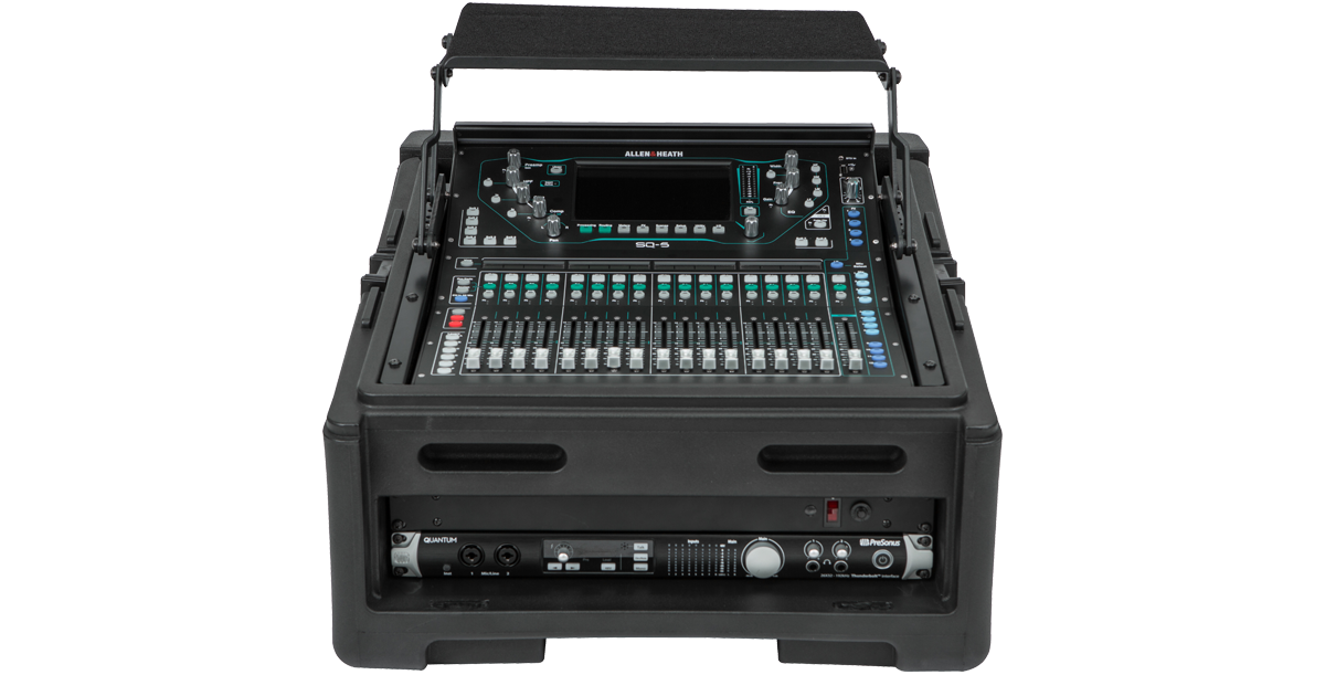 Compact Rolling Rig Case with 10U top and 2U rails, front view highlighting mounted mixer and rack gear.