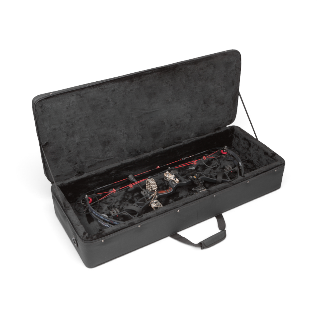 SKB Cases Hybrid 4115 medium bow case with black ballistic nylon exterior and plush interior holding a compound bow