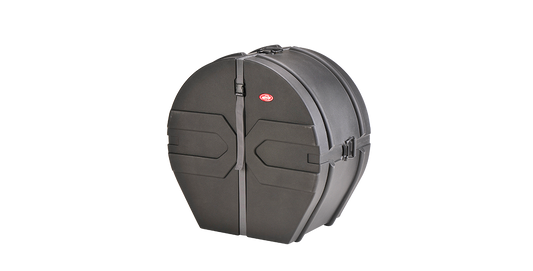 Angled view of 16 x 30 Marching Bass Drum Case with rugged roto-molded shell and side latches for reinforced protection and mobility.