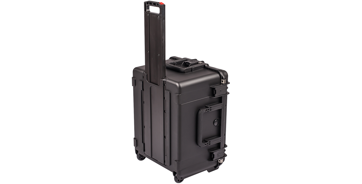 iSeries 2217-12 Case - High-Strength Waterproof in upright position with extended pull handle and wheels for portable storage.