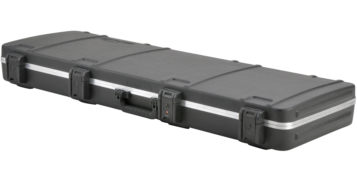 Closed SKB Electric Bass Case with TSA latches and molded ABS exterior; lightweight and secure for travel and storage.