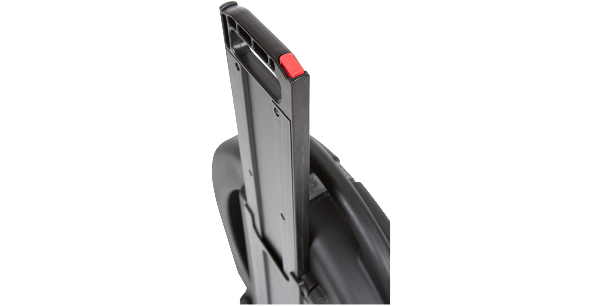 Close-up of the Rolling Cymbal Vault's retractable pull handle with red release button for easy transport of up to 8 cymbals.