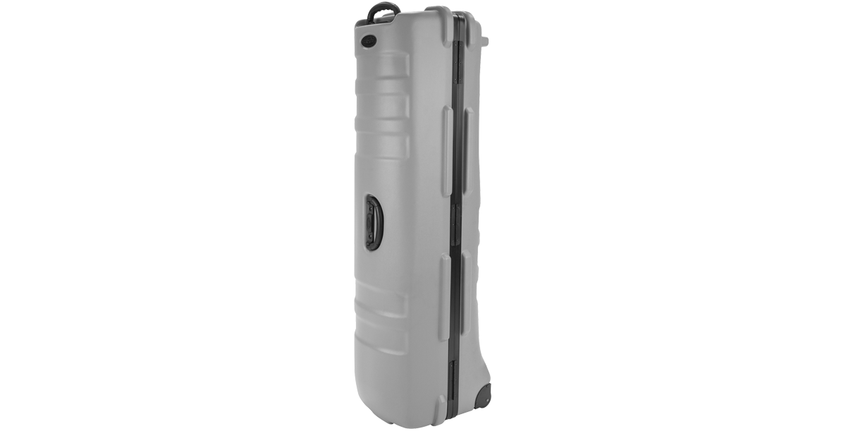 Rear vertical view of ATA Staff Pro XL Golf Travel Case - Grey featuring ergonomic handle and durable molded exterior for travel.