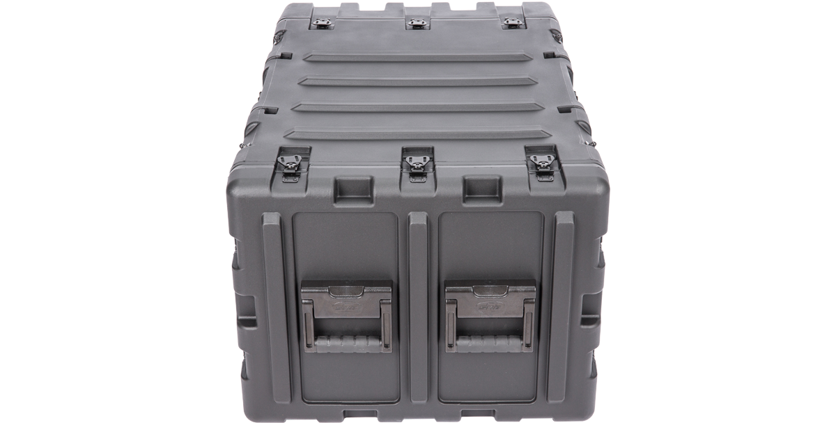 Rear view of 7U 24-inch Shock Rack - Secure Transport with closed panel and dual handles for rugged mobility.