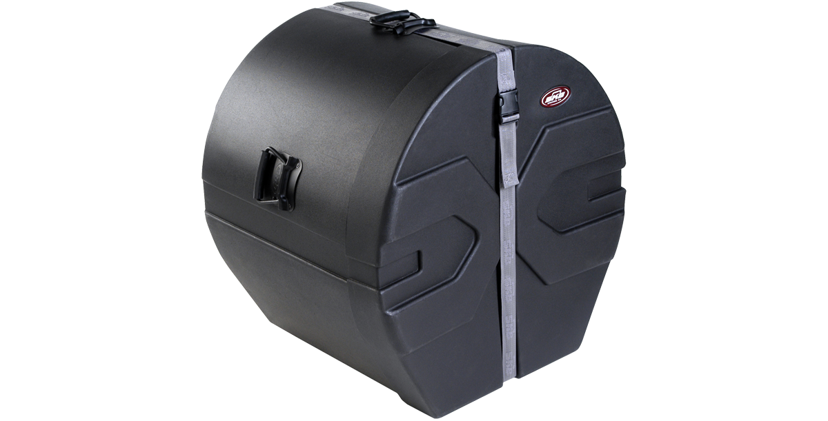 Angled view of the 16 x 22 bass drum case with rugged roto-molded design, padded interior, and ergonomic side handles.