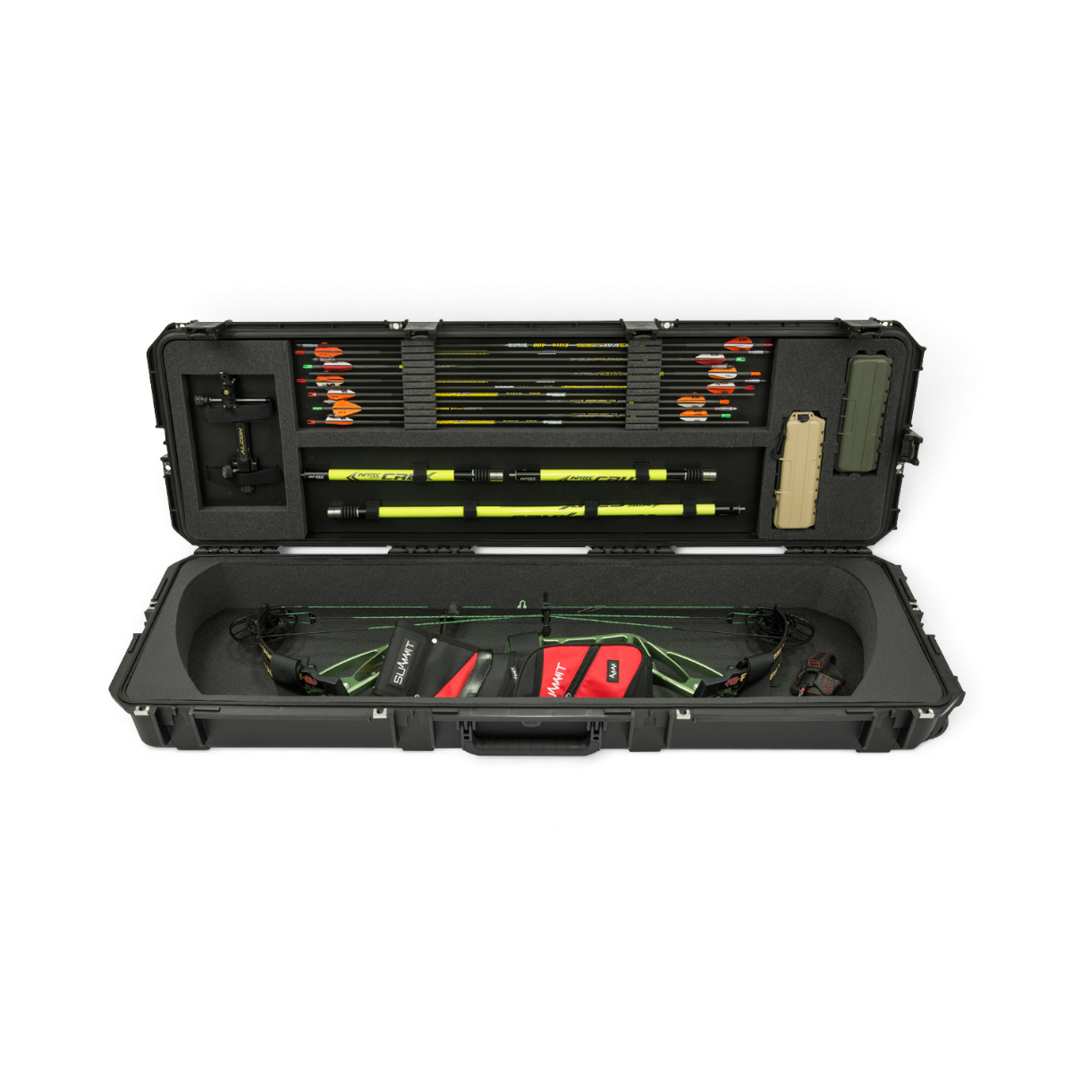 SKB Cases iSeries Mathews target bow case in black, featuring foam interior with arrow, sight, and stabilizer storage.