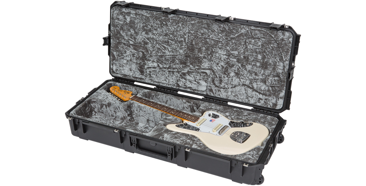 Jaguar electric guitar secured in waterproof SKB iSeries case, built with TSA-approved locks and custom-fit interior for safe transport.