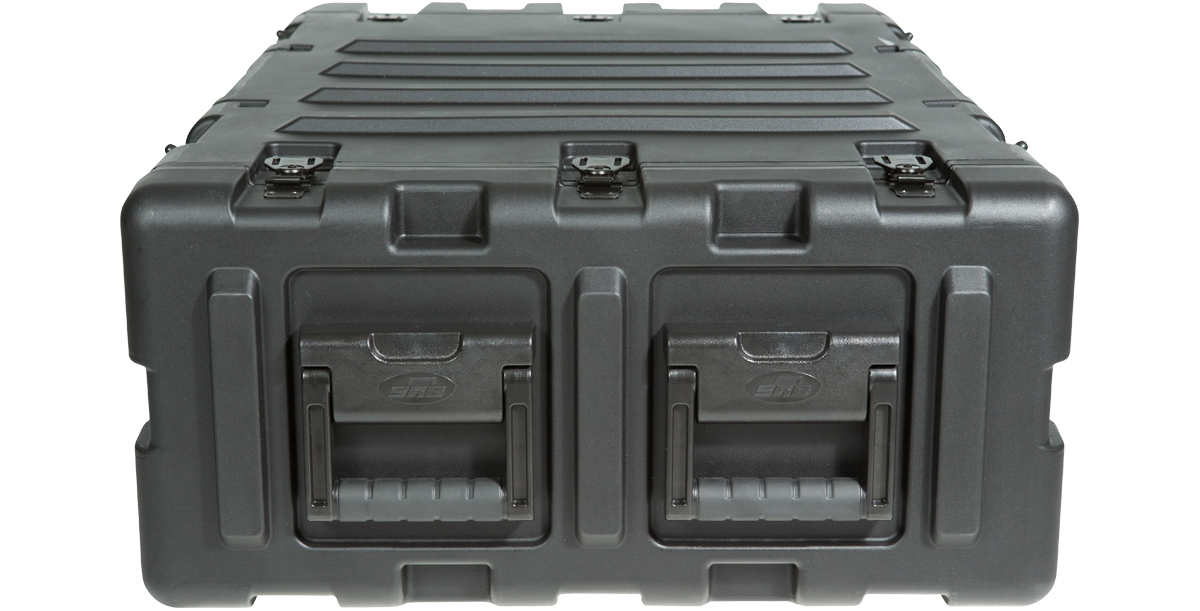 Back panel of 24-Inch Deep Shock Rack Case featuring two ergonomic handles and reinforced polymer shell for durability.