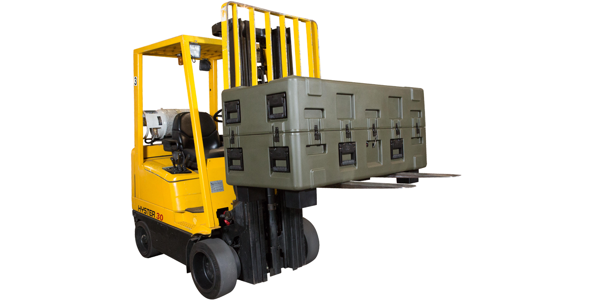 3R Forklift Riser Kit installed on 3R Series case lifted by yellow forklift for easy transport and access.
