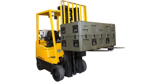 3R Forklift Riser Kit installed on 3R Series case lifted by yellow forklift for easy transport and access.