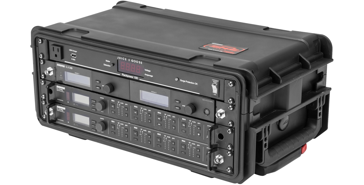 Compact Rack with Wheels fully loaded with rack-mounted devices, ideal for mobile pro-audio and industrial applications.