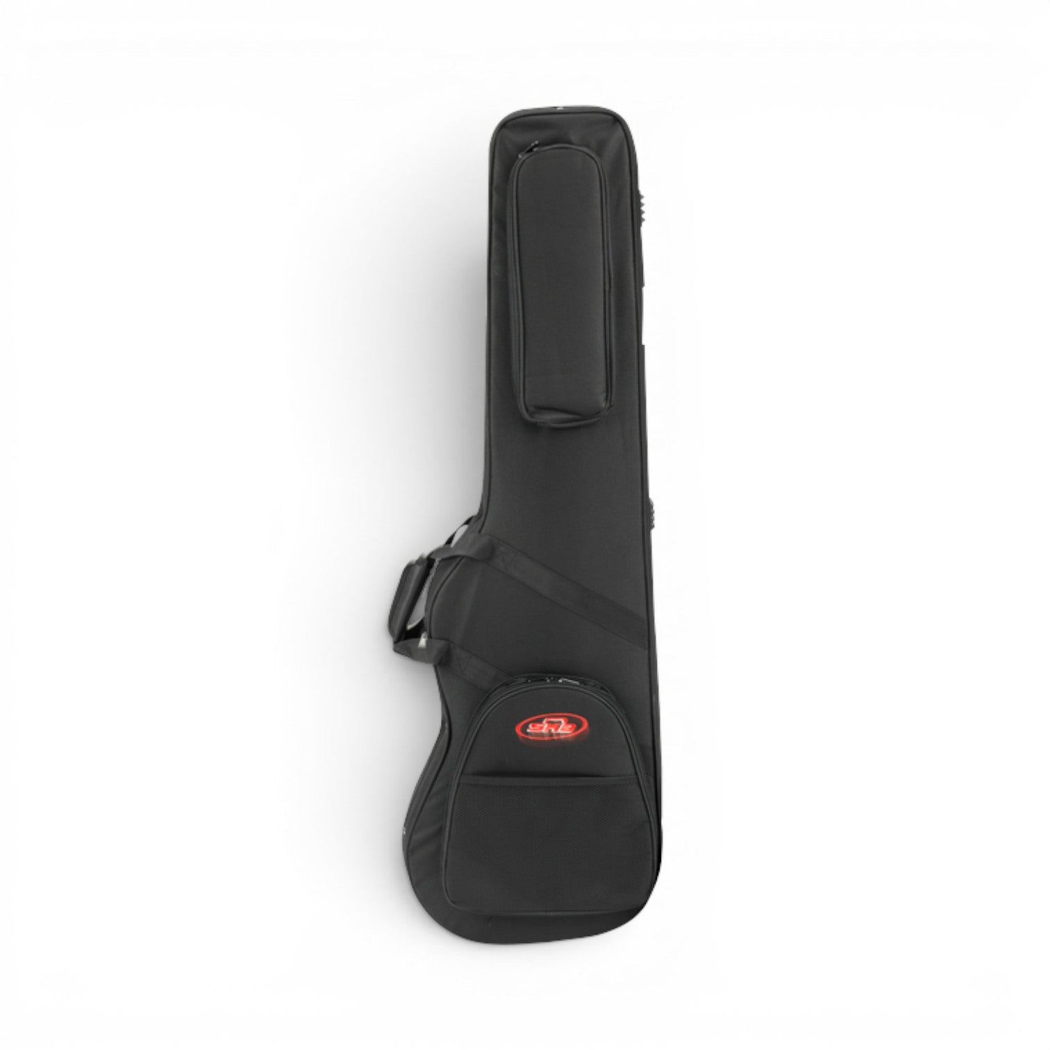 Side view of Electric Bass Soft Case standing upright, showcasing compact design and front storage pocket with logo.