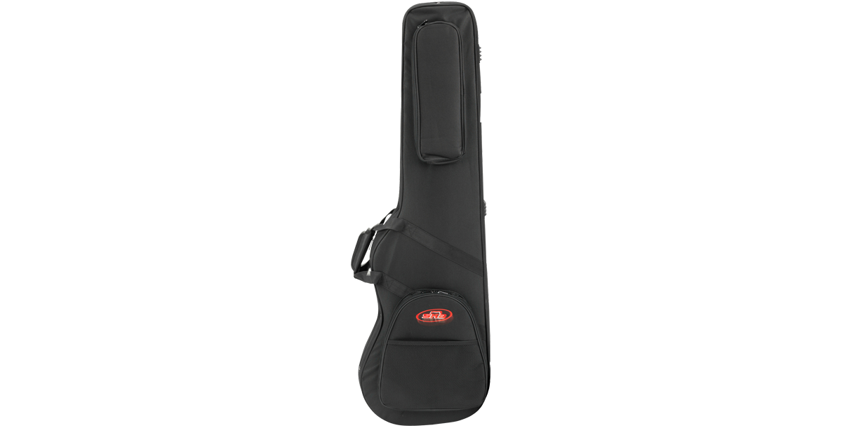 Side view of Electric Bass Soft Case standing upright, showcasing compact design and front storage pocket with logo.