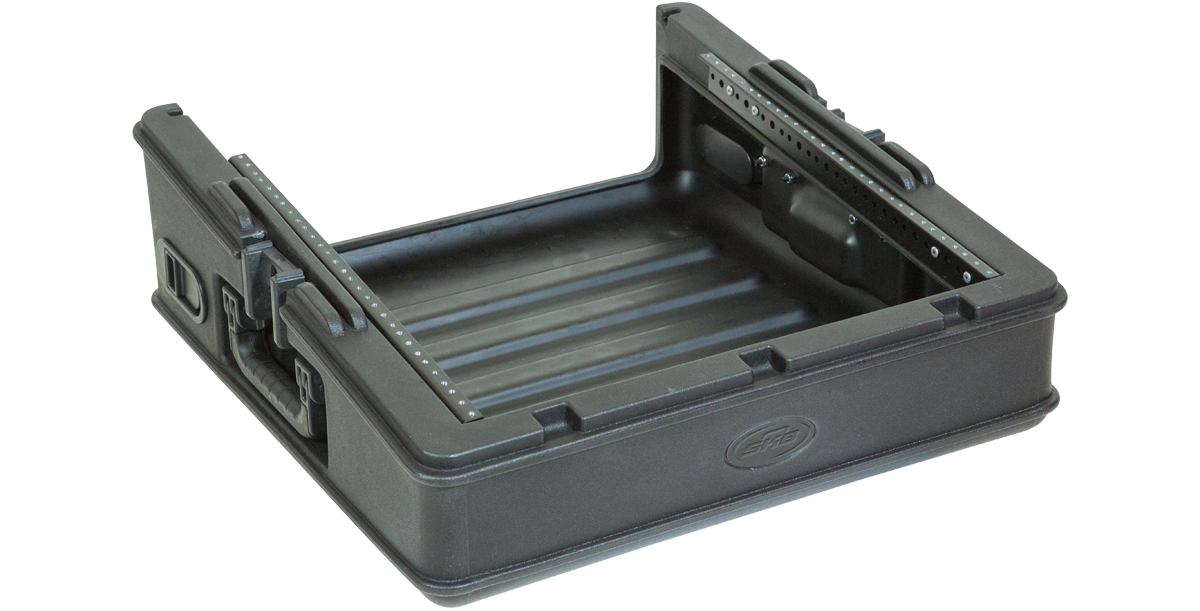 Side view of open 10U Mixer Rack Case with steel threaded rails and molded construction for rugged audio gear protection.