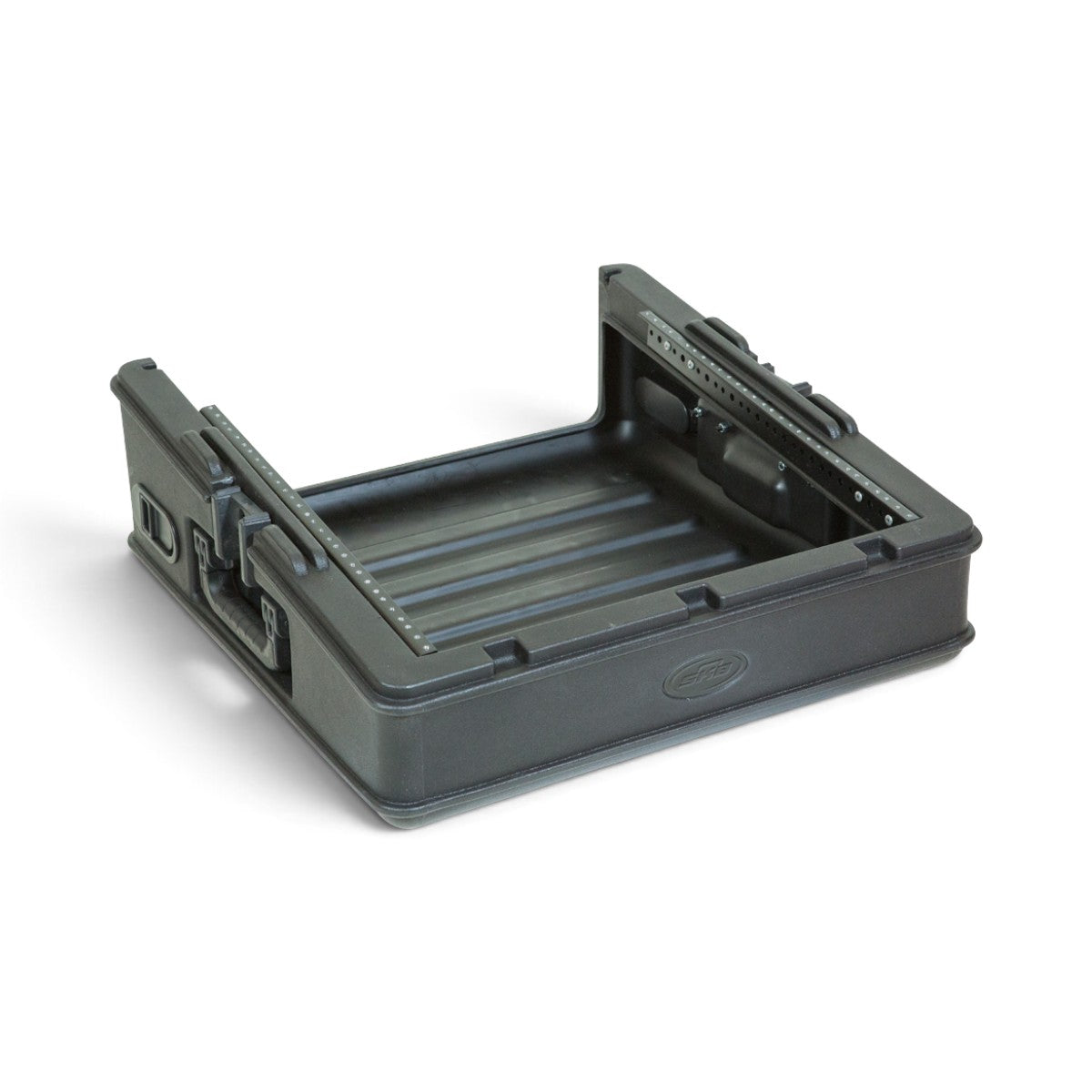 Side view of open 10U Mixer Rack Case with steel threaded rails and molded construction for rugged audio gear protection.