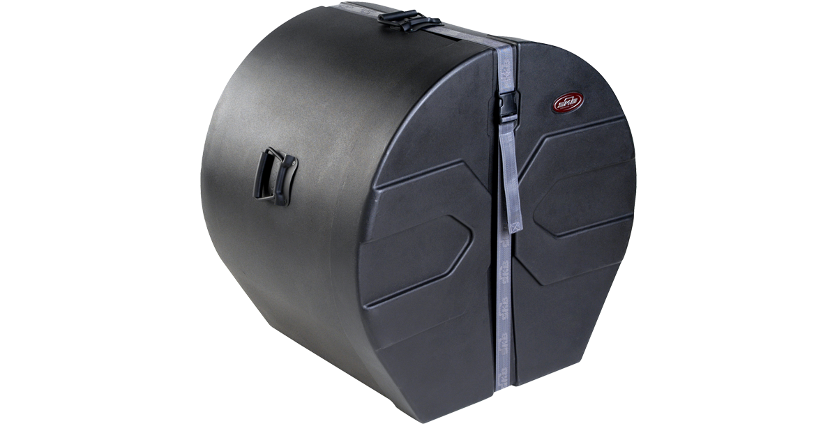 Rear angled view of 20 x 22 bass drum case highlighting molded design, secure strap, and side handles for easy handling.