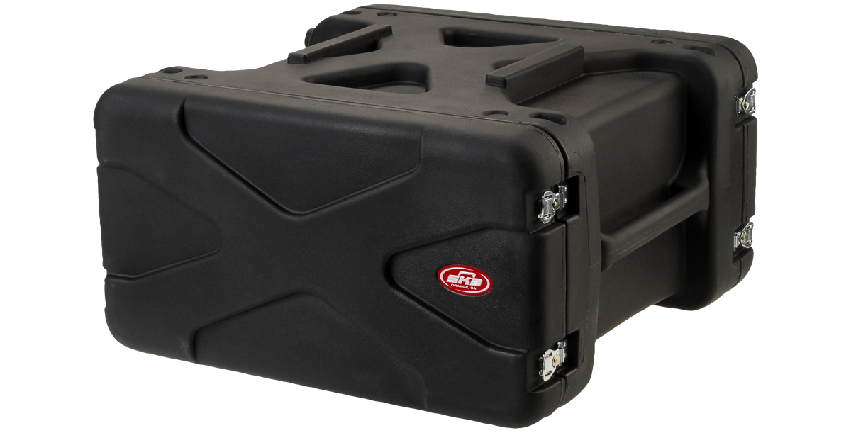 Closed 4U 20-Inch Roto Shockproof Rack Case with secure latches and molded handles, ideal for transporting sensitive rackmount gear safely.