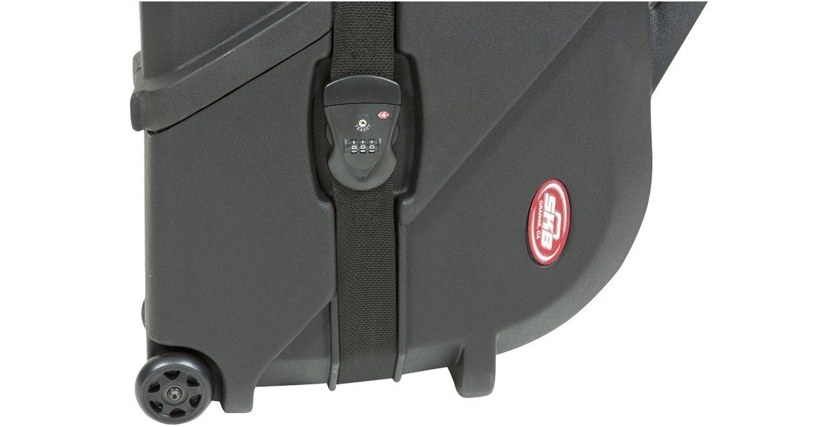 Bottom corner of ATA Bass Case showing TSA lock and rolling wheels, built for easy and secure instrument transport.