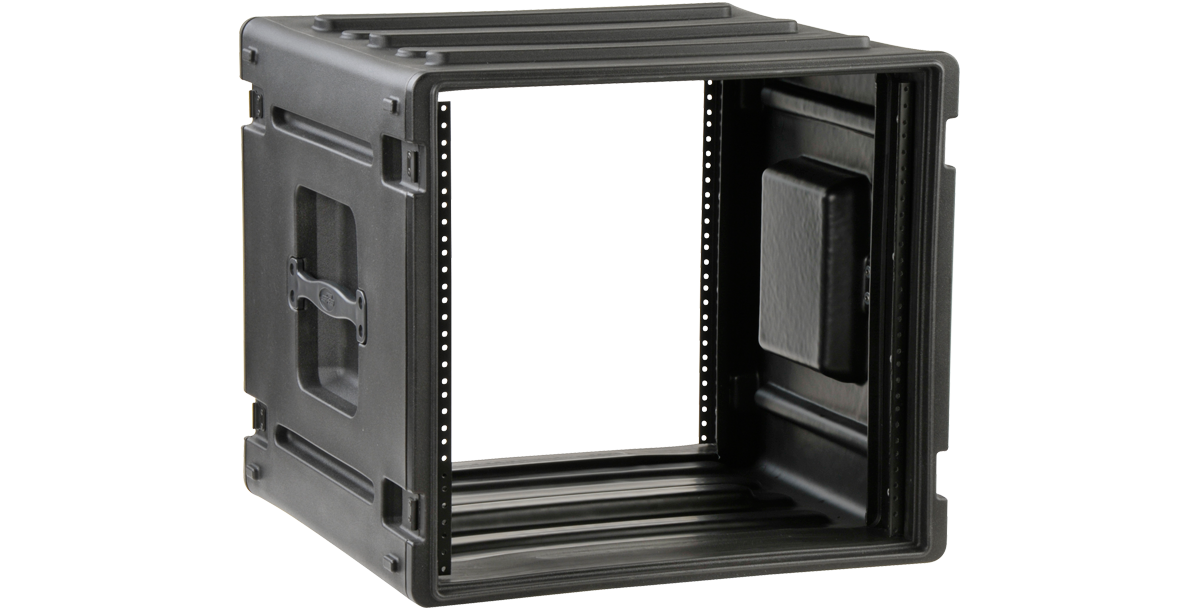 Open side view of 10U rSeries Rack - Durable & Secure | Molded Polyethylene, featuring rack rails and water-resistant roto-molded shell.