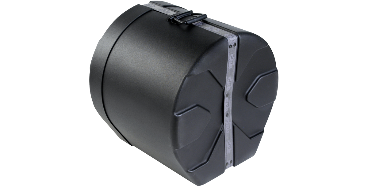 Angled side view of 14x16 Marching Bass Drum Case featuring stackable design and reinforced exterior for marching band use.