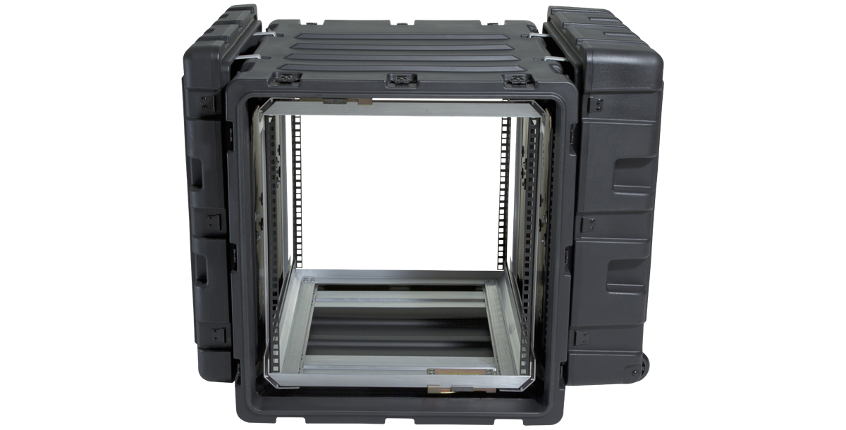 Front view of 11U Shock Rack - 24-Inch Shockproof Case showing modular interior frame and reinforced corners for durability.