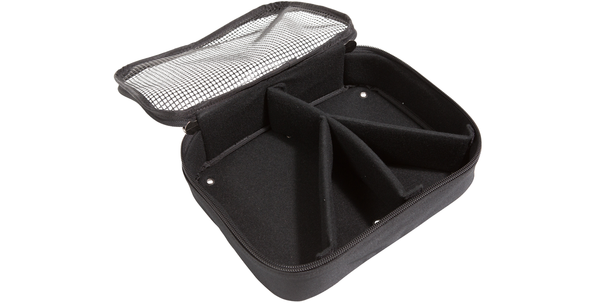 Open Caster Storage Bag with padded compartments and mesh lid, designed for SKB Shockrack caster and accessory storage.