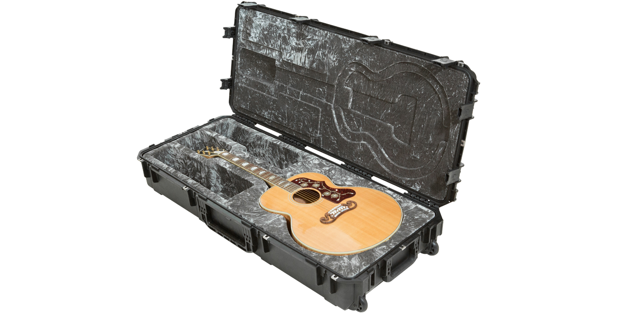 Protective Jumbo Acoustic Guitar Case with watertight design and rugged exterior, shown with guitar inside for travel-ready security.