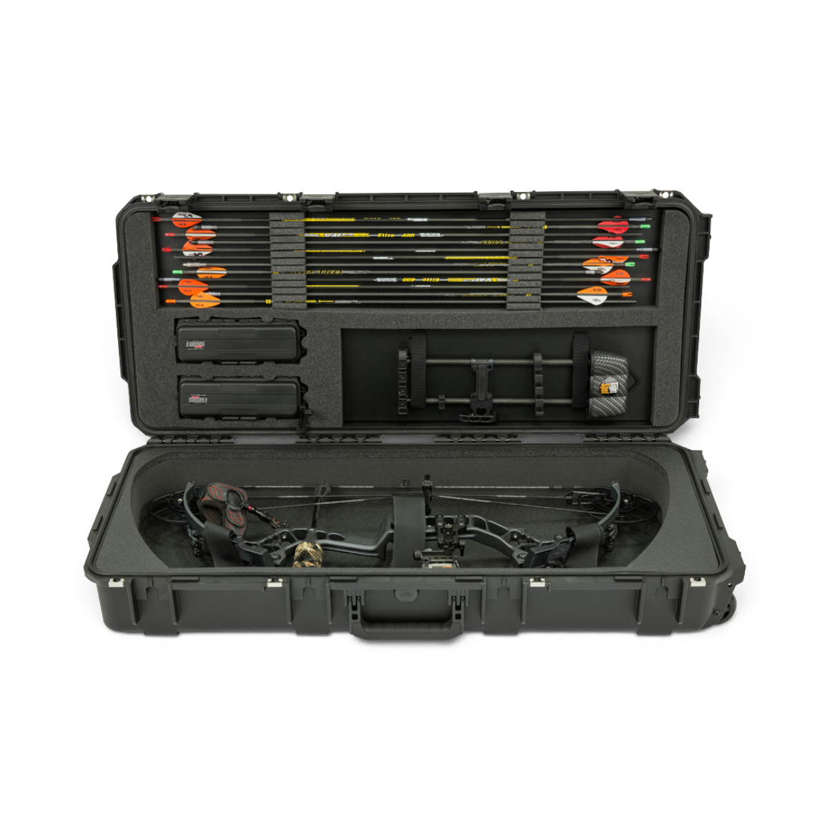 SKB Cases iSeries Mathews parallel limb bow case with custom foam interior, arrows, and bow storage compartments.