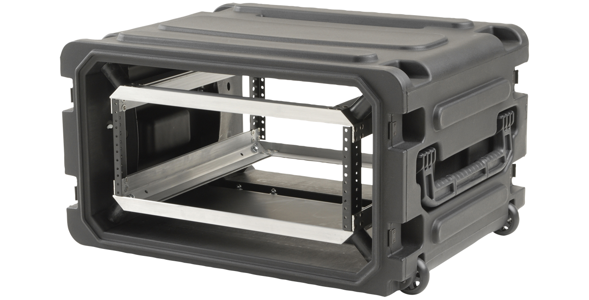 Angled view of 20-inch deep rolling shock rack with molded handles and stackable design, ideal for secure transport of rack-mounted gear.