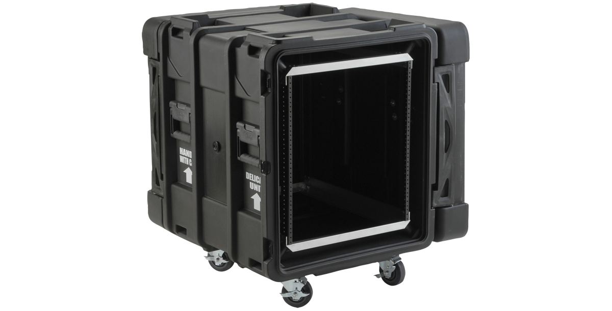 Angled front view of 24-inch Roto Shock Rack - 12U Deep rSeries with open front lid, showcasing rackmount space and heavy-duty construction.