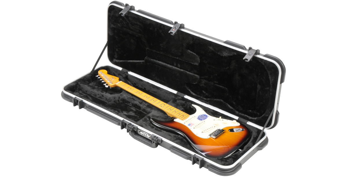 Electric guitar case with a sunburst Stratocaster inside, showcasing the snug fit and protective plush lining for safe transport and storage.