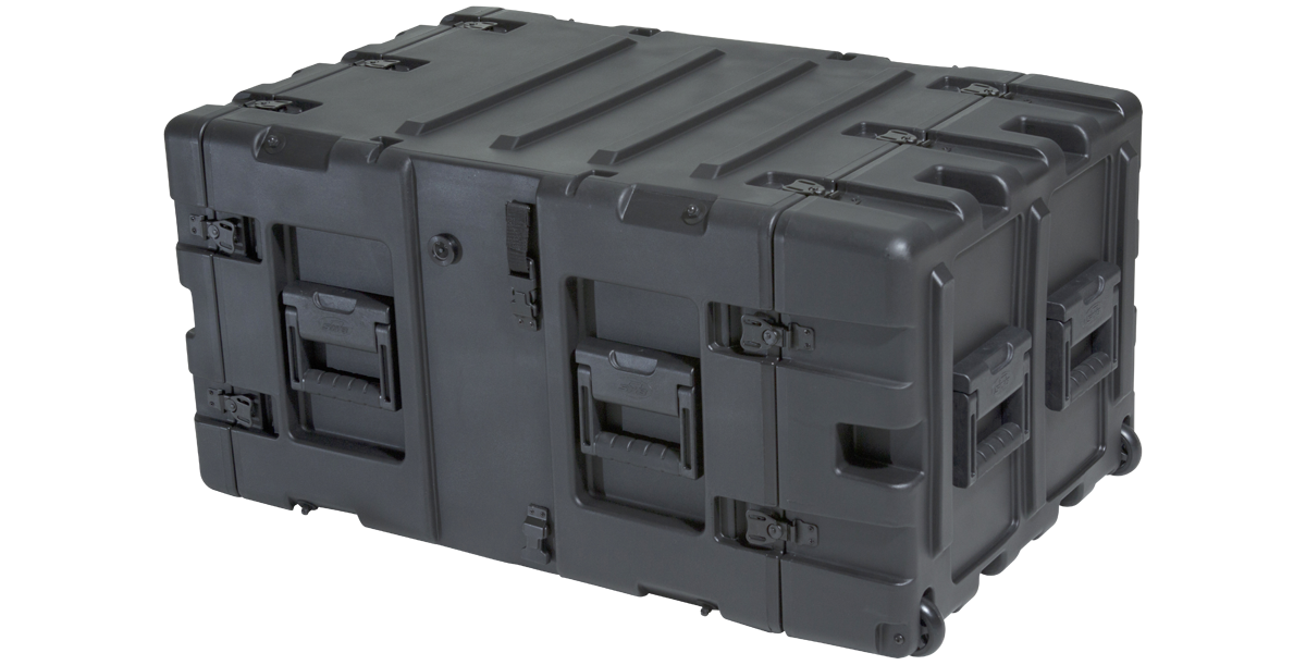Angled view of 24-Inch Deep 7U Shock Rack showing heavy-duty construction and multiple handles for transport convenience.