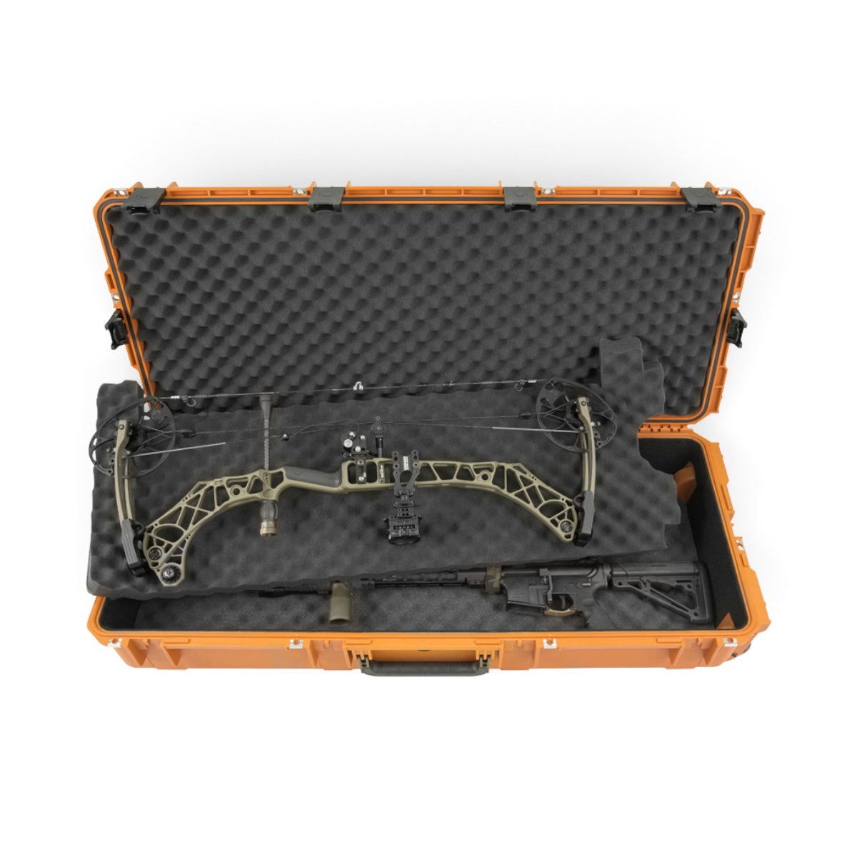 SKB Cases Pro Series double bow and rifle case in coyote brown with convoluted foam interior and archery equipment.