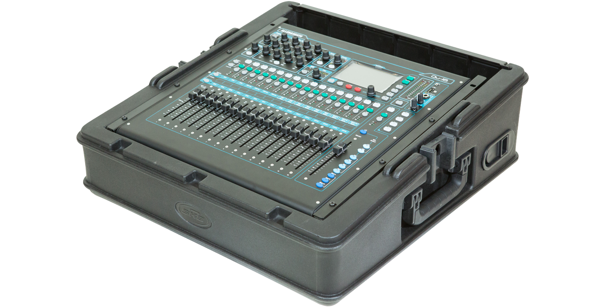 Durable 10U Mixer Rack Case with roto-molded design, housing an Allen & Heath Qu-16 mixer, ideal for transport and protection.