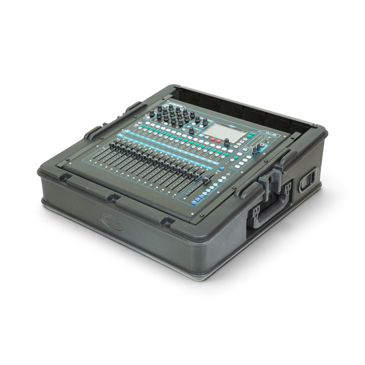 Durable 10U Mixer Rack Case with roto-molded design, housing an Allen & Heath Qu-16 mixer, ideal for transport and protection.