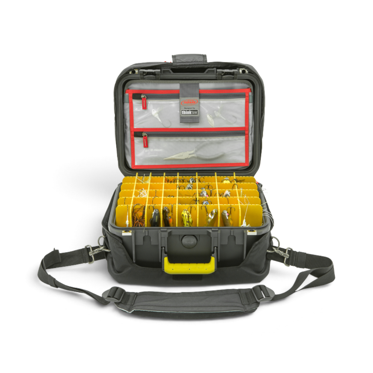 SKB Cases iSeries 1309-6 waterproof lure case with yellow dividers, Think Tank lid organizer, and shoulder strap.
