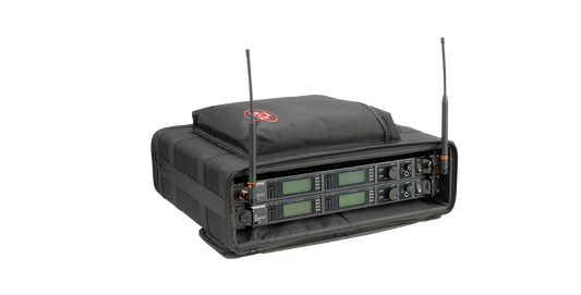 2U Rack Soft Case for Wireless Microphone Systems with front flap open, showing dual receiver units and padded lid for protection.