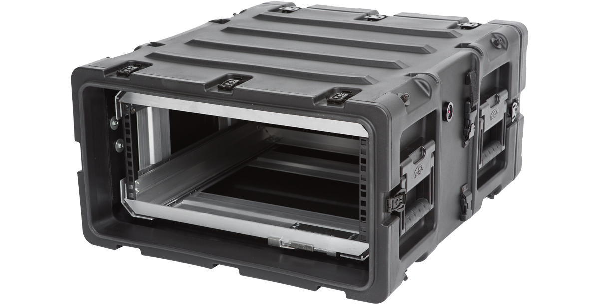 Side view of 4U 20-Inch Shockproof Rack Case with rugged handles and protective shell for transporting sensitive electronic equipment.
