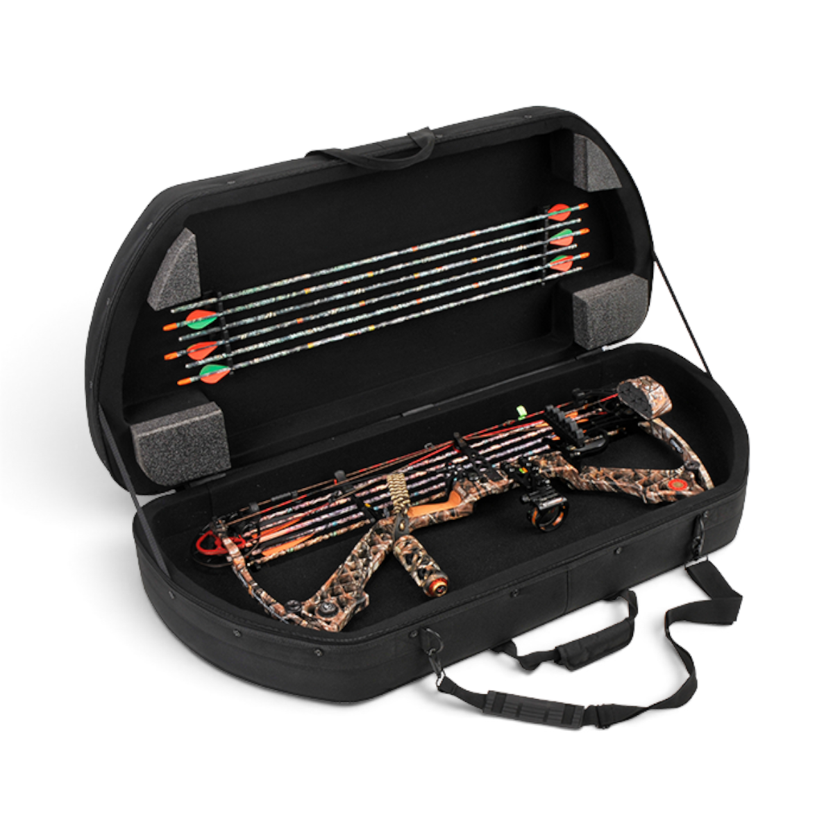 SKB Cases Hybrid 4120 large bow case in black ballistic nylon with an open interior holding a camo compound bow