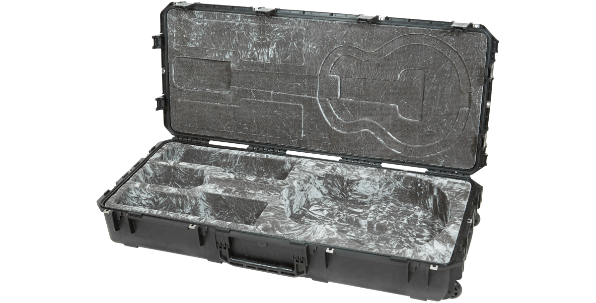 Empty iSeries Waterproof Jumbo Acoustic Guitar Case with molded interior, designed to fit jumbo guitars securely for safe transport.
