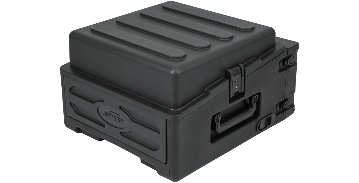 Angled view of Compact Rig Case - Rolling with secure latches and side handles for easy mobility and protection.