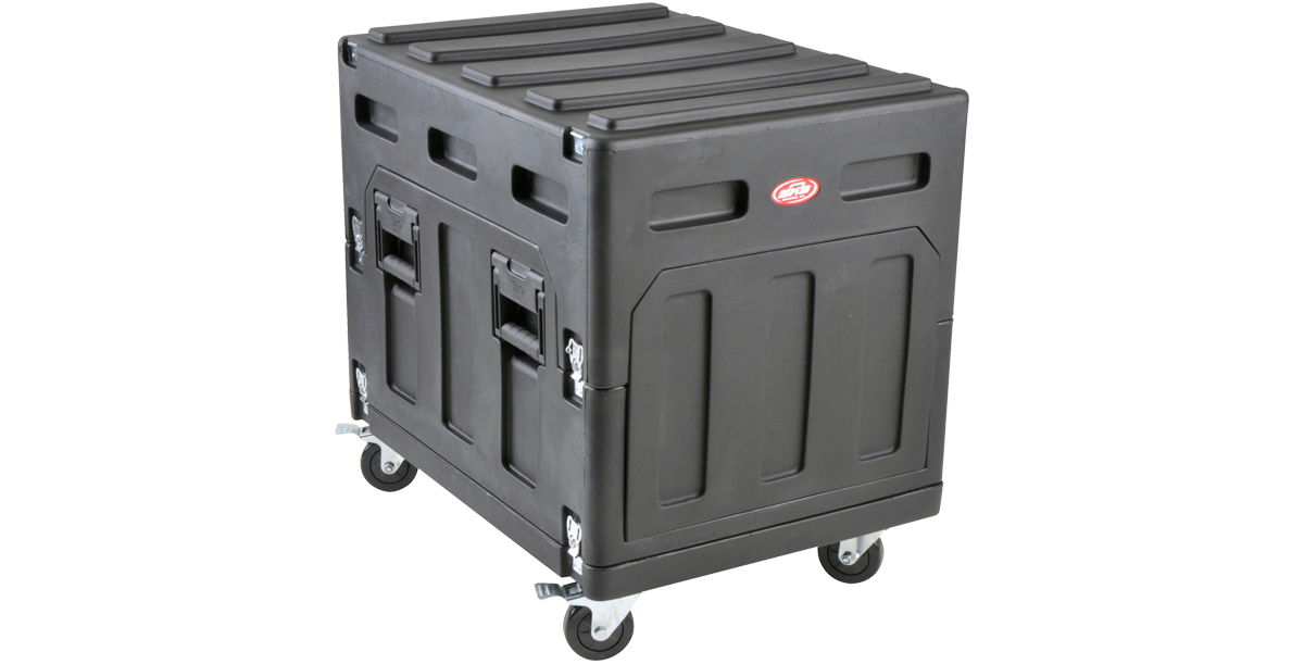 Closed Mighty GigRig Rolling Rack System with durable black shell, locking casters, and molded handles for secure transport and storage.