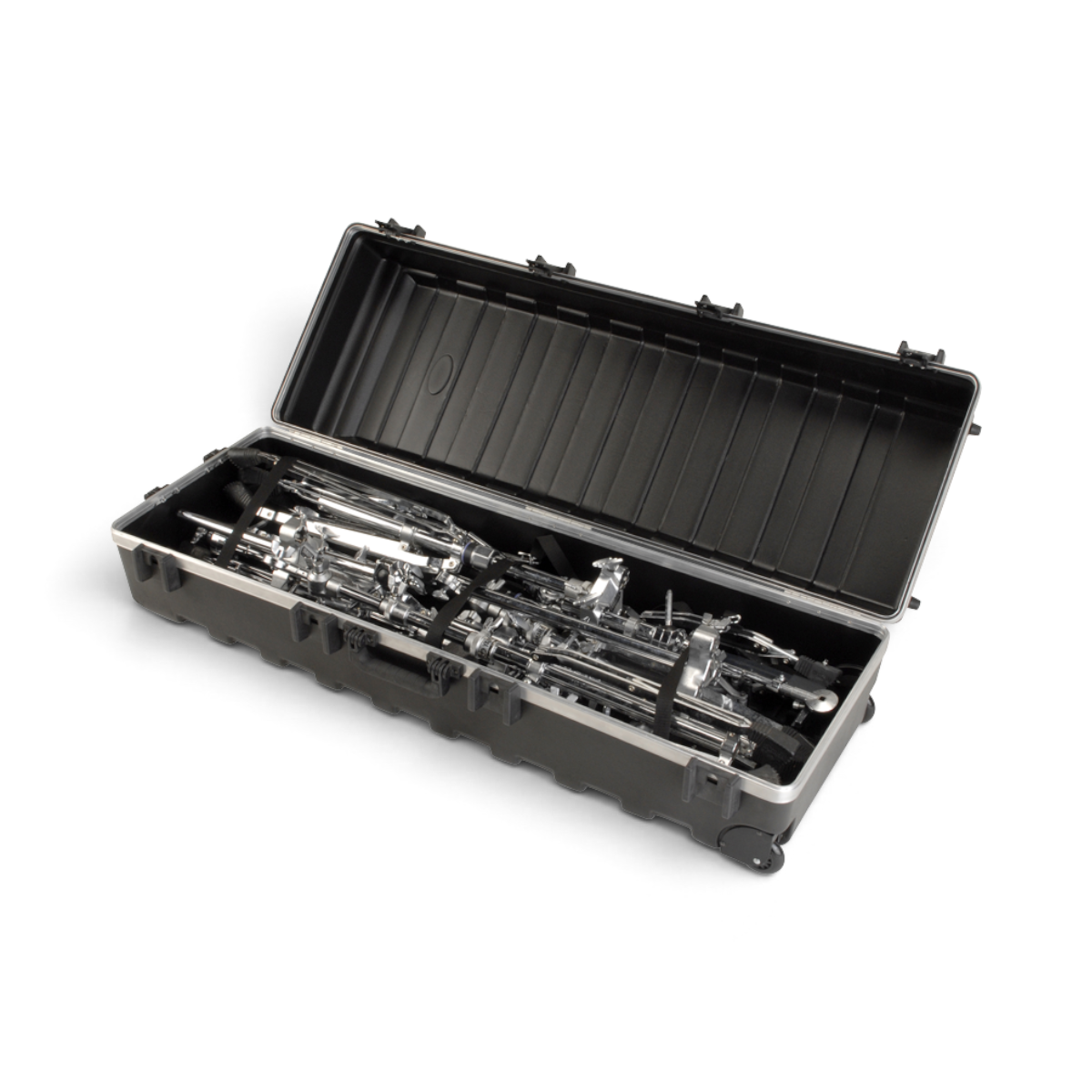 SKB Cases vSeries 4816 hard-shell polyethylene transport case open with drum hardware stands inside