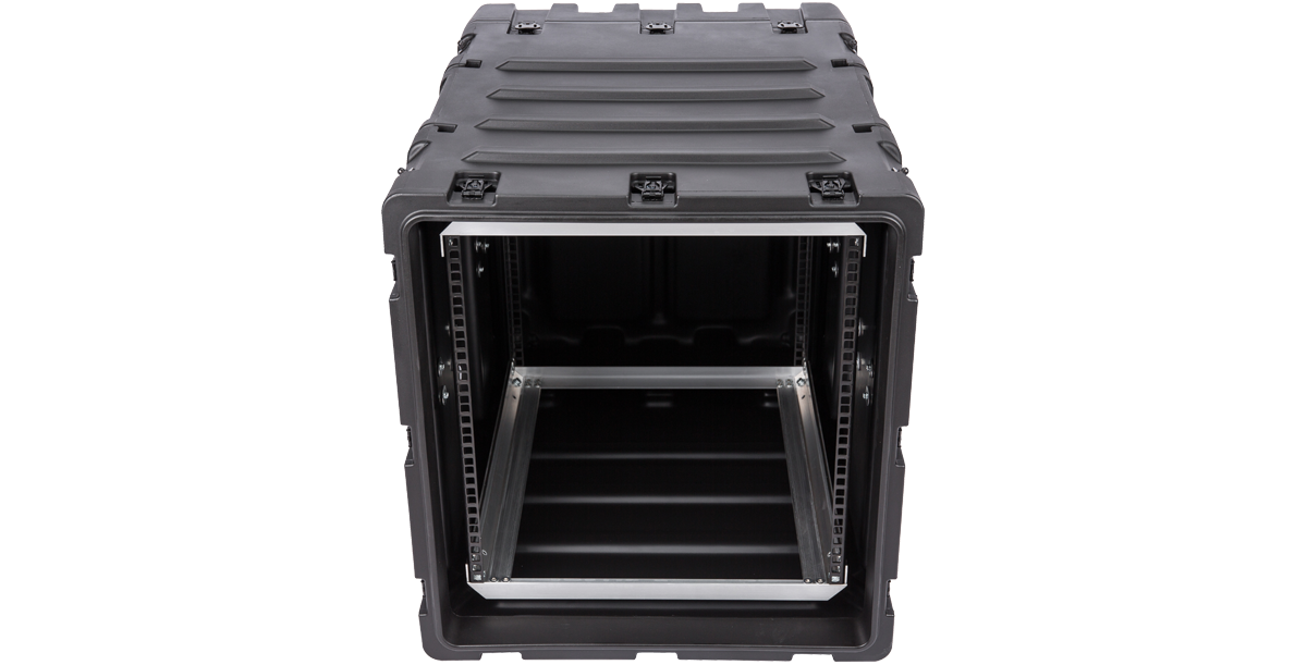 Straight front view of SKB 24-inch Shockproof Rack Case, showcasing deep rack space and shock-absorbing frame.
