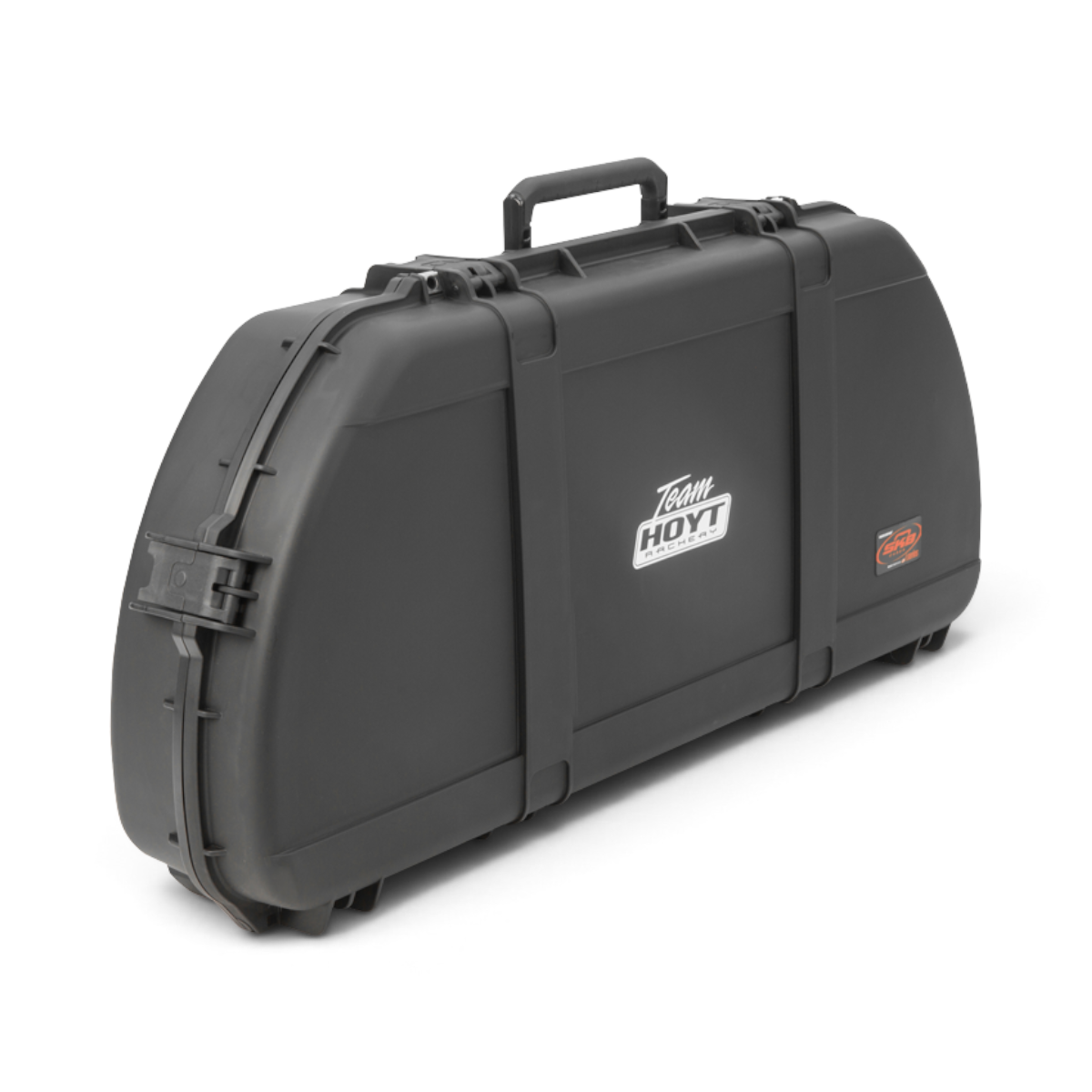 SKB Cases iSeries 4318 black waterproof hard-shell bow case with Team Hoyt Archery branding and carrying handle.