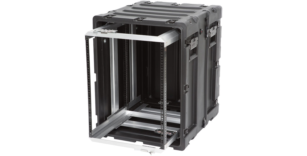 Angled front-left view of 14U Shock Rack Case - 20-inch Shock Rack, highlighting watertight and lightweight construction with reinforced corners.
