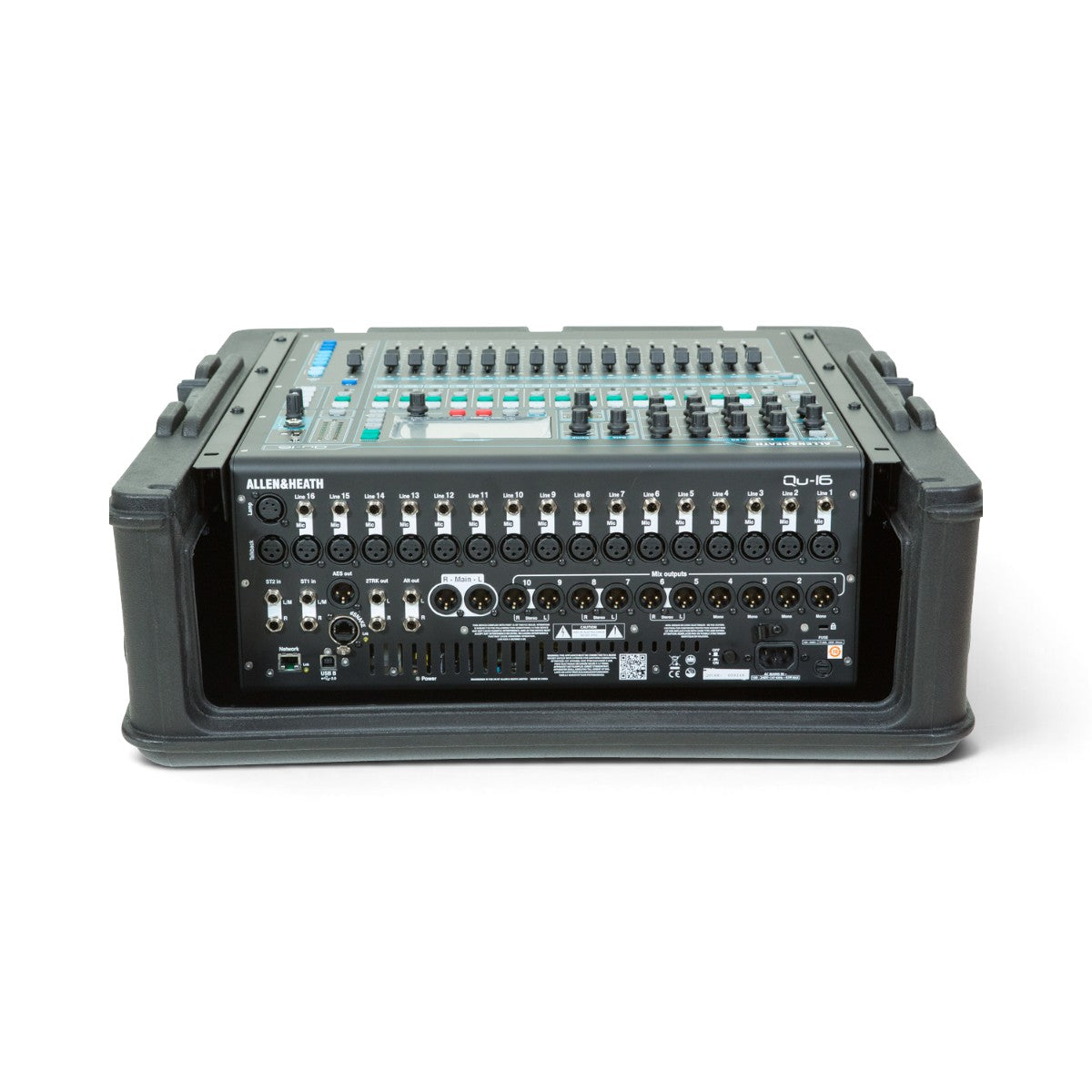 10U Mixer Rack Case with Allen & Heath Qu-16 mixer installed, showing rear panel connections and steel threaded rails for secure mounting.